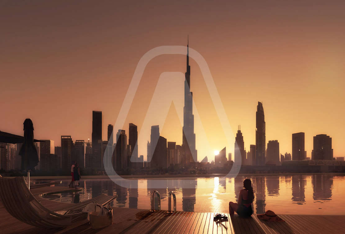 Exterior view of Mercedes-Benz Places | Binghatti luxury residences in Downtown Dubai with a backdrop of the iconic Burj Khalifa.